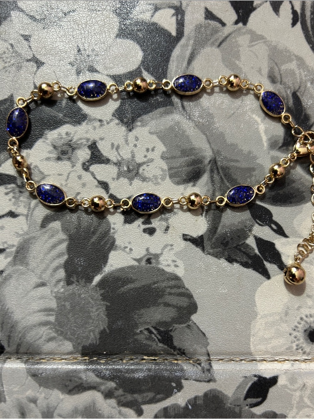 14k Gold Plated Chain Bracelet with Blue Shimmer Gem Stones NEW
